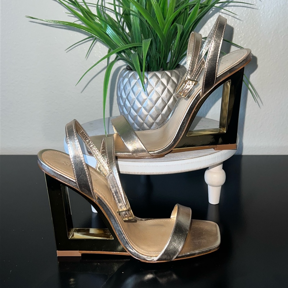 Schutz Filipa Gold Ankle Strap Architectural Party Girl Wedge Sandal